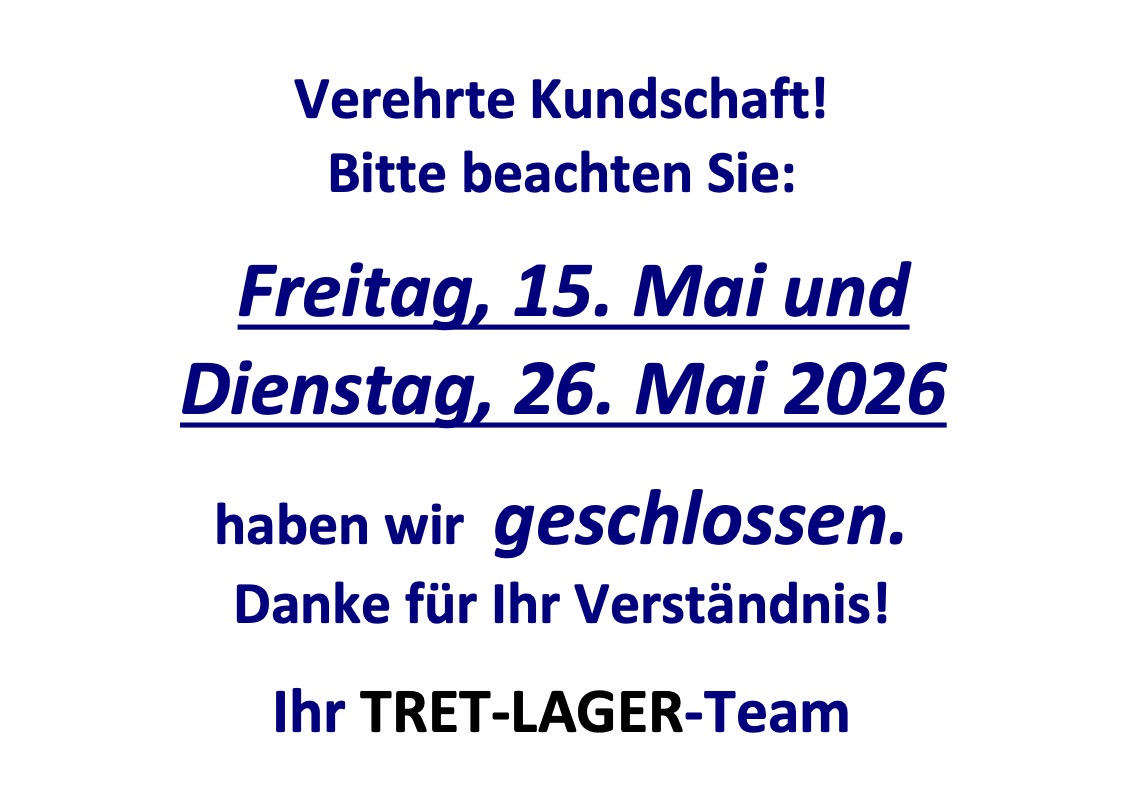 Freitag, 15. Mai und Dienstag, 26. Mai 2026 haben wir geschlossen.